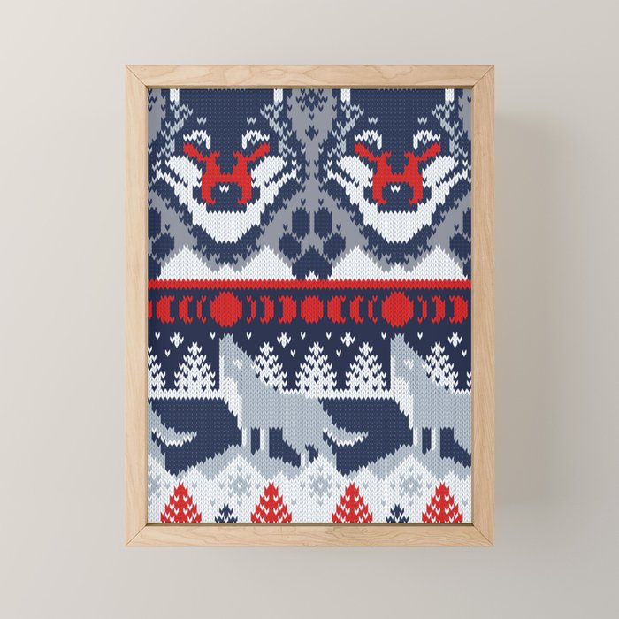Fair isle knitting grey wolf // navy blue and grey wolves red moons and pine trees Mini Art Print Gallery Image 1