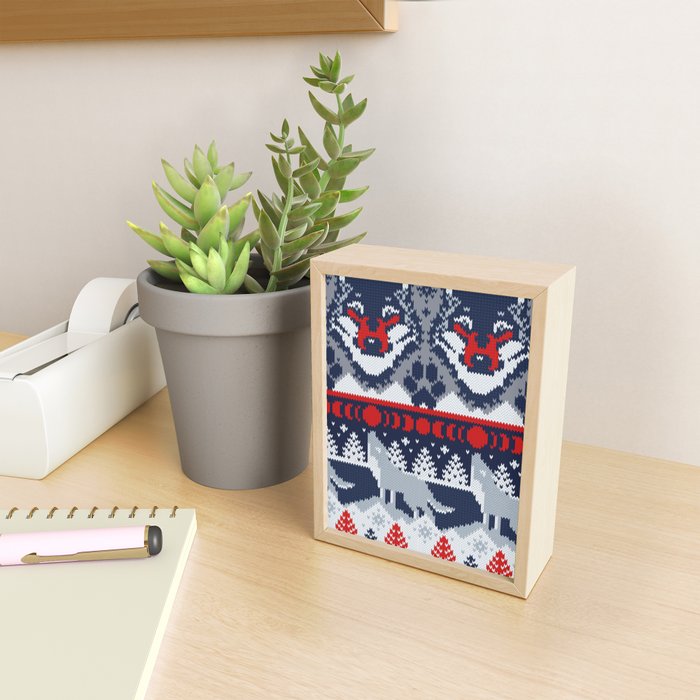 Fair isle knitting grey wolf // navy blue and grey wolves red moons and pine trees Mini Art Print Gallery Image 2
