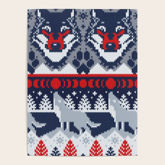 Fair isle knitting grey wolf // navy blue and grey wolves red moons and pine trees Poster Gallery Image 4