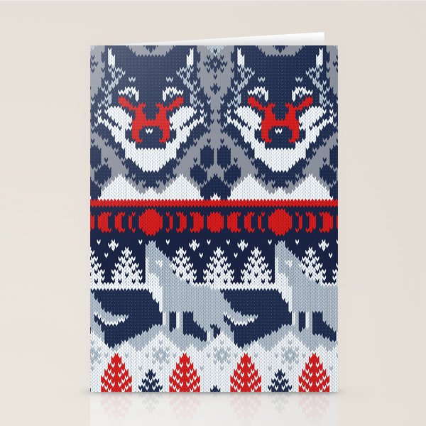 Fair isle knitting grey wolf // navy blue and grey wolves red moons and pine trees Stationery Card Gallery Image 2