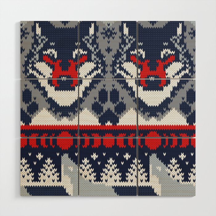 Fair isle knitting grey wolf // navy blue and grey wolves red moons and pine trees Wood Wall Art Gallery Image 1