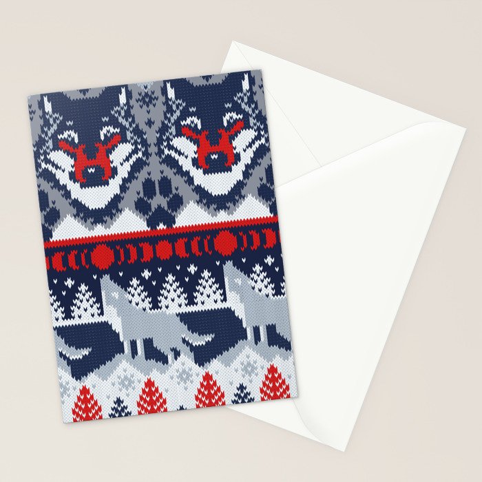 Fair isle knitting grey wolf // navy blue and grey wolves red moons and pine trees Stationery Card Gallery Image 2