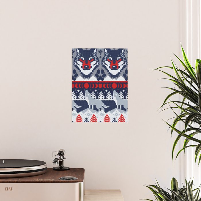 Fair isle knitting grey wolf // navy blue and grey wolves red moons and pine trees Poster Gallery Image 2