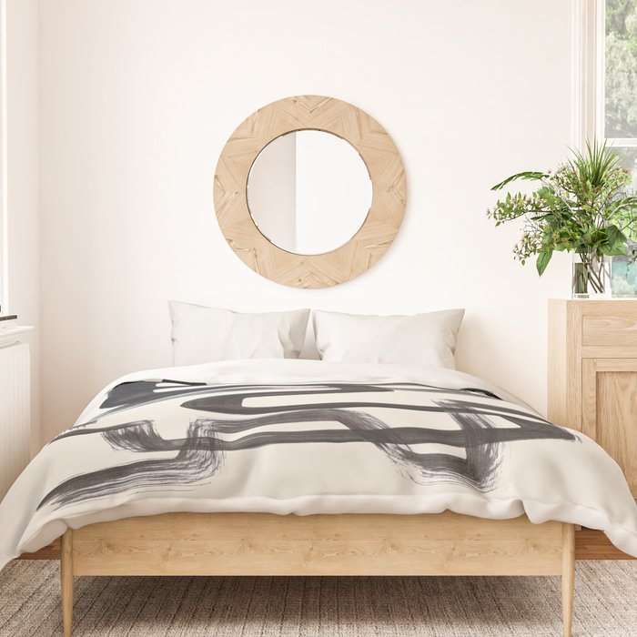 Mid Century Modern Minimalist Abstract Art Brush Strokes Black & White Ink Art Pipe Maze Duvet Cover Gallery Image 3