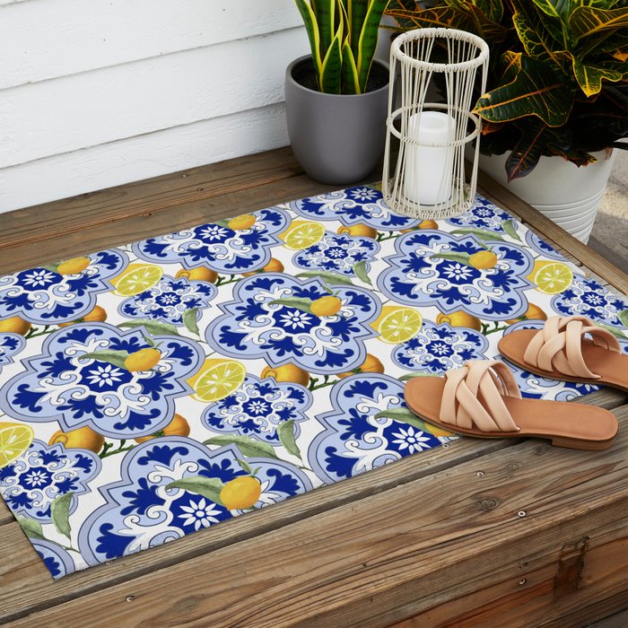 Summer citrus ,floral Mediterranean style ,lemon fruit pattern  Outdoor Rug Gallery Image 2