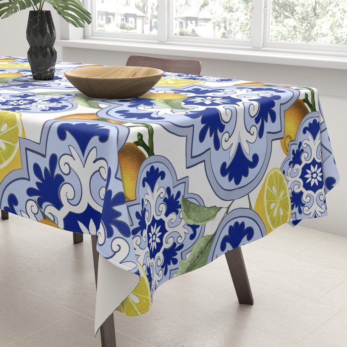 Summer citrus ,floral Mediterranean style ,lemon fruit pattern  Tablecloth Gallery Image 3