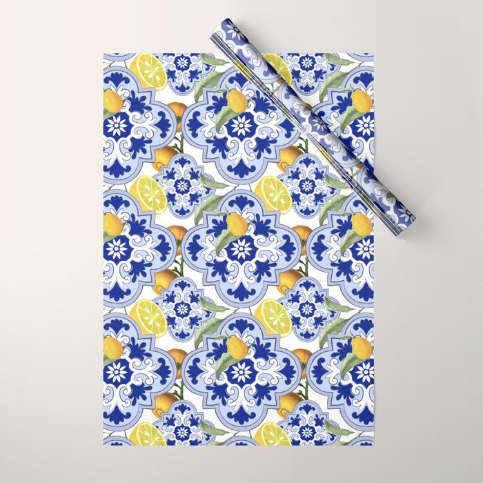 Summer citrus ,floral Mediterranean style ,lemon fruit pattern  Wrapping Paper Gallery Image 1