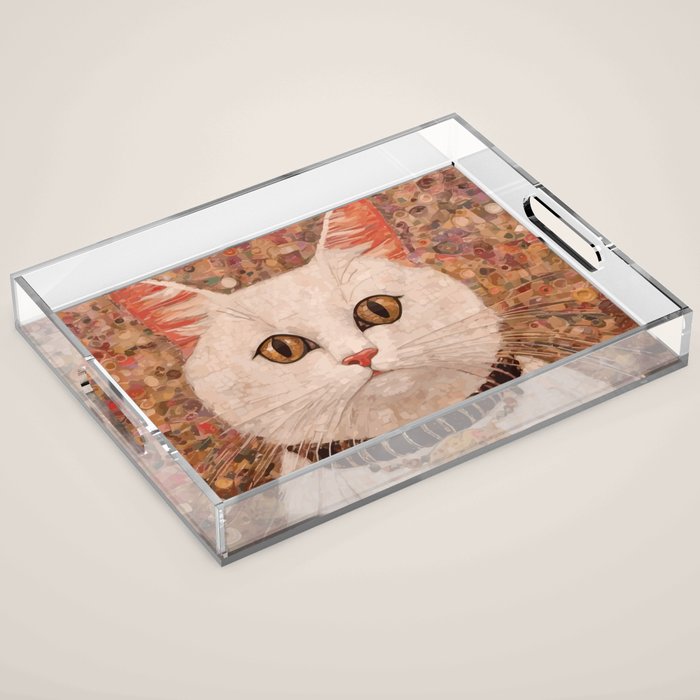 Gustav Klimt Style White Cat with Black and Gold Collar Acrylic Tray Gallery Image 1
