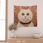 Gustav Klimt Style White Cat with Black and Gold Collar Wall Tapestry Gallery Image 2