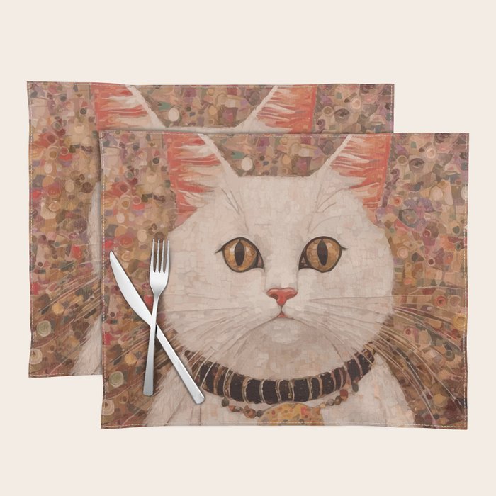 Gustav Klimt Style White Cat with Black and Gold Collar Placemat Gallery Image 1