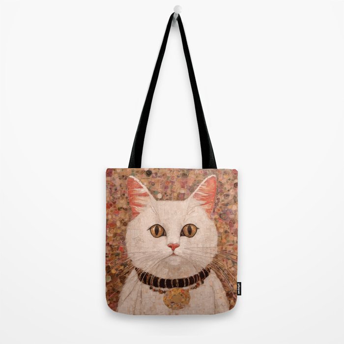 Gustav Klimt Style White Cat with Black and Gold Collar Tote Bag Gallery Image 2