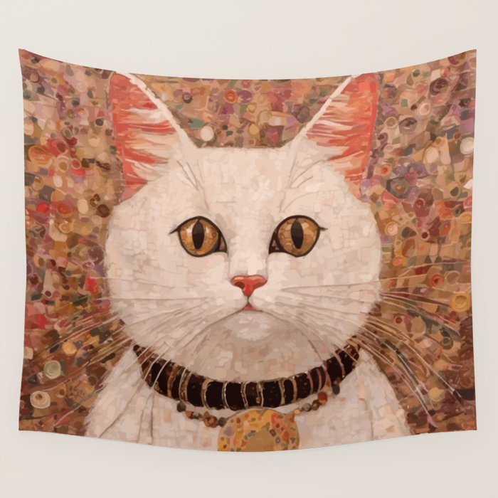 Gustav Klimt Style White Cat with Black and Gold Collar Wall Tapestry Gallery Image 1