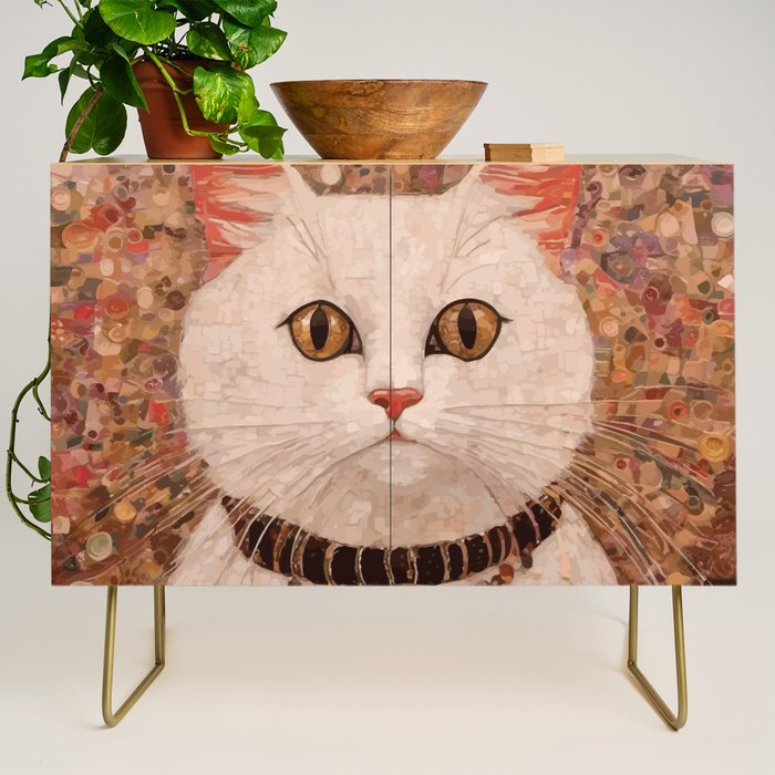 Gustav Klimt Style White Cat with Black and Gold Collar Credenza Gallery Image 1