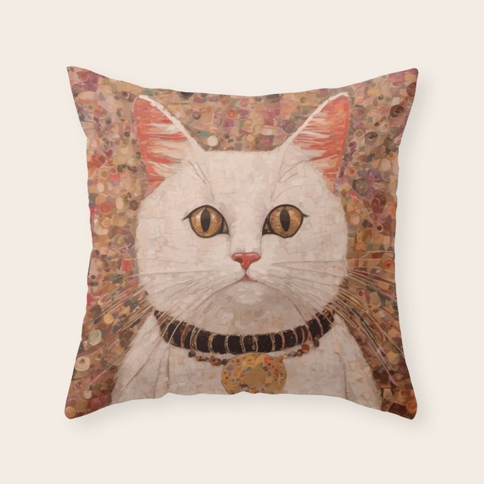 Gustav Klimt Style White Cat with Black and Gold Collar Throw Pillow Gallery Image 1