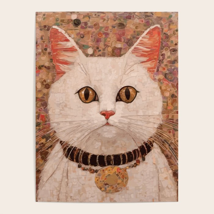 Gustav Klimt Style White Cat with Black and Gold Collar Poster Gallery Image 4