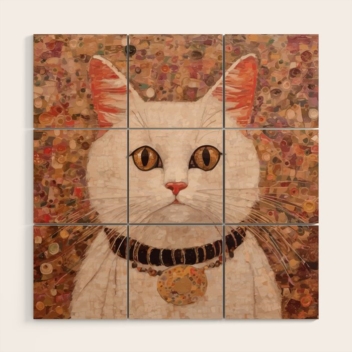 Gustav Klimt Style White Cat with Black and Gold Collar Wood Wall Art Gallery Image 1