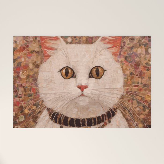 Gustav Klimt Style White Cat with Black and Gold Collar Welcome Mat Gallery Image 1