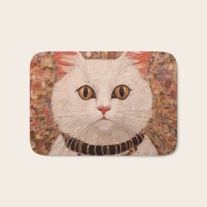 Gustav Klimt Style White Cat with Black and Gold Collar Bath Mat Gallery Image 1