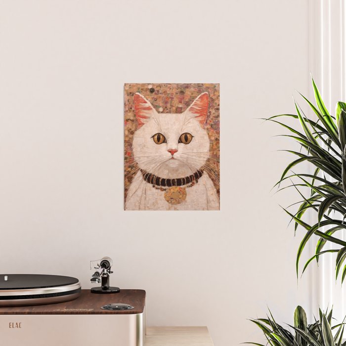 Gustav Klimt Style White Cat with Black and Gold Collar Poster Gallery Image 2