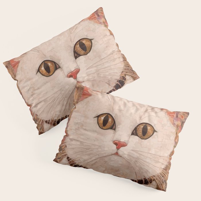 Gustav Klimt Style White Cat with Black and Gold Collar Pillow Sham Gallery Image 1