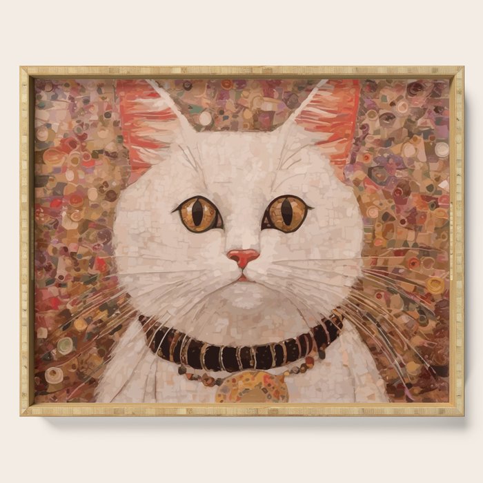 Gustav Klimt Style White Cat with Black and Gold Collar Serving Tray Gallery Image 1