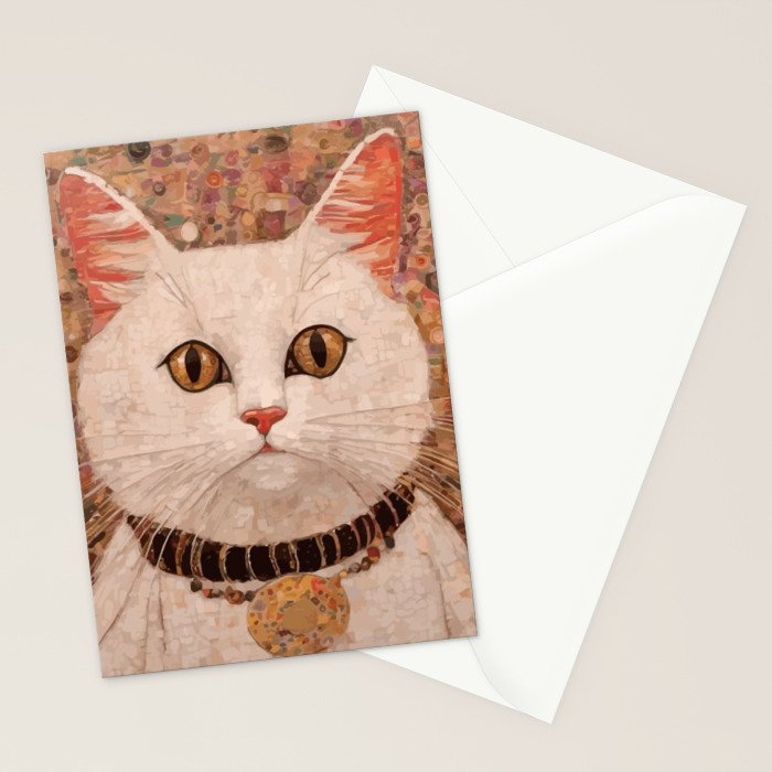 Gustav Klimt Style White Cat with Black and Gold Collar Stationery Card Gallery Image 2