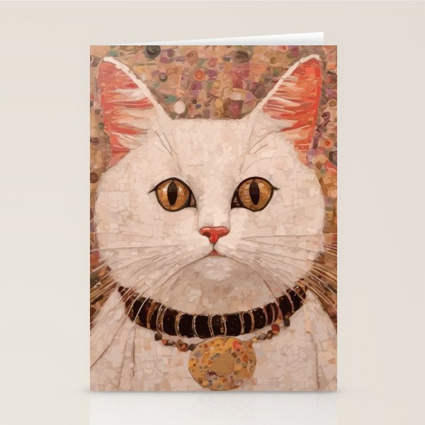 Gustav Klimt Style White Cat with Black and Gold Collar Stationery Card Gallery Image 2
