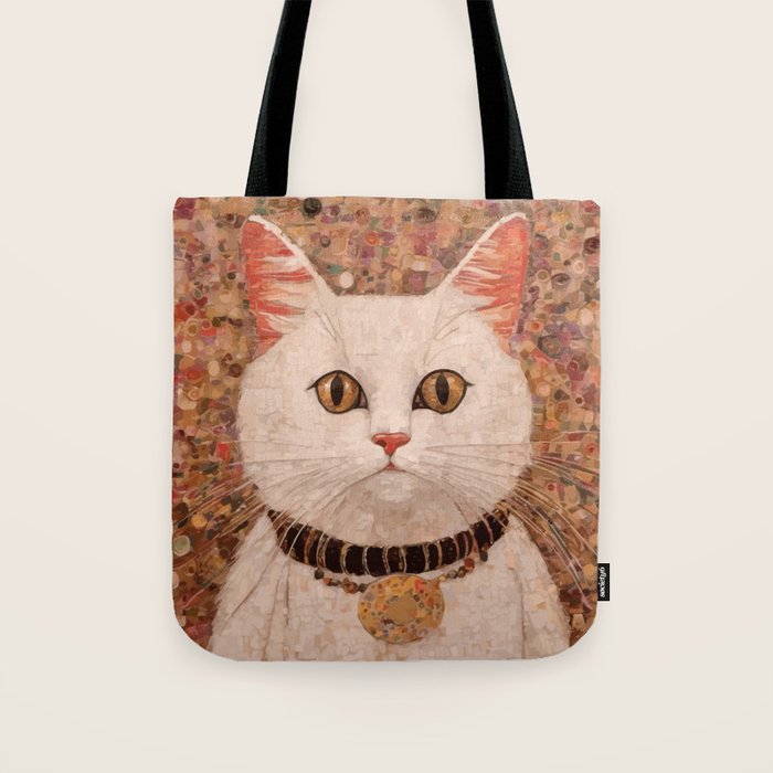 Gustav Klimt Style White Cat with Black and Gold Collar Tote Bag Gallery Image 1