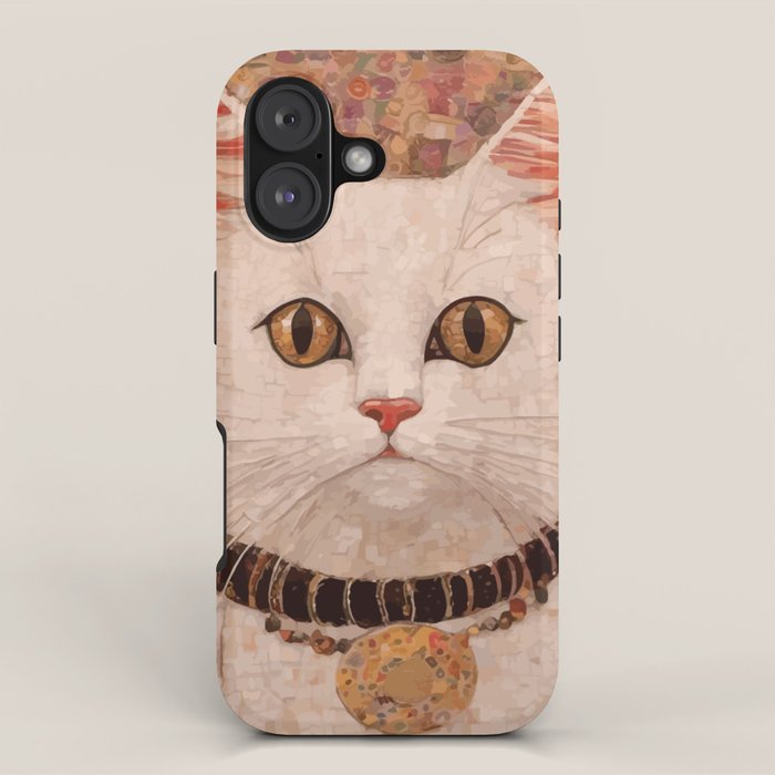 Gustav Klimt Style White Cat with Black and Gold Collar iPhone Case Gallery Image 1