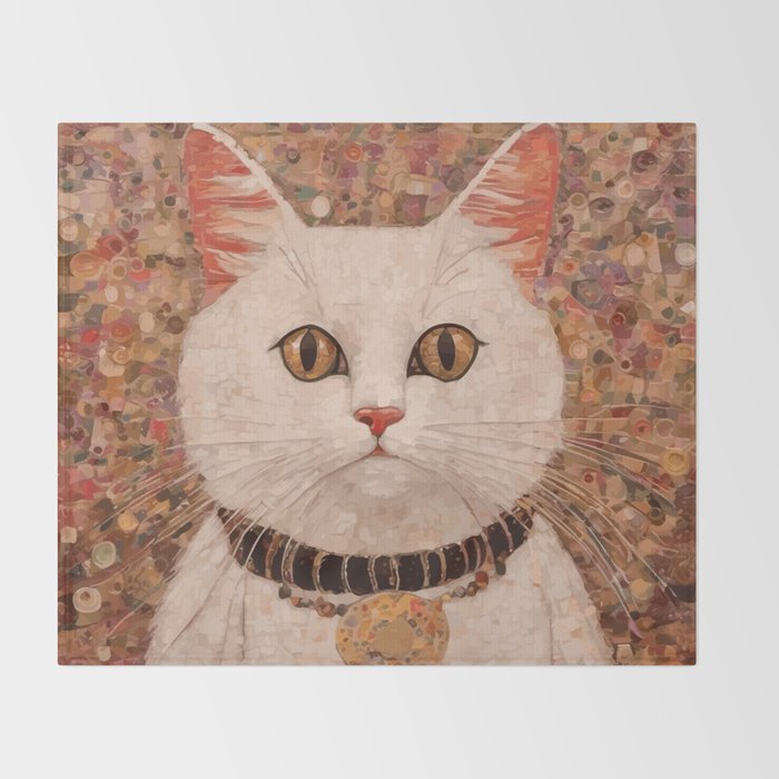 Gustav Klimt Style White Cat with Black and Gold Collar Throw Blanket Gallery Image 2