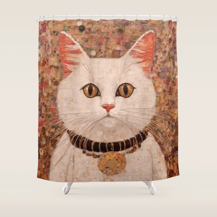 Gustav Klimt Style White Cat with Black and Gold Collar Shower Curtain Gallery Image 1