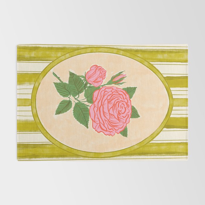Vintage Rose Illustration with Striped Frame Rug Gallery Image 2