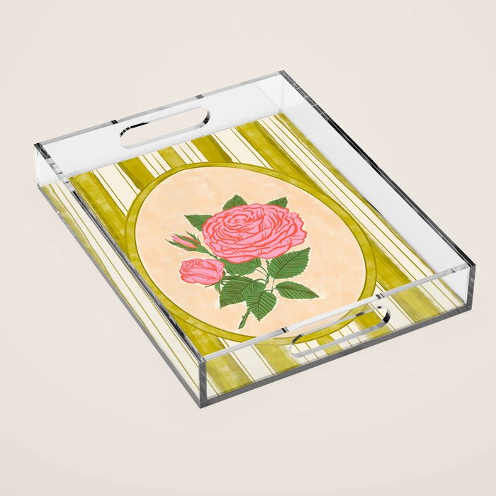Vintage Rose Illustration with Striped Frame Acrylic Tray Gallery Image 1