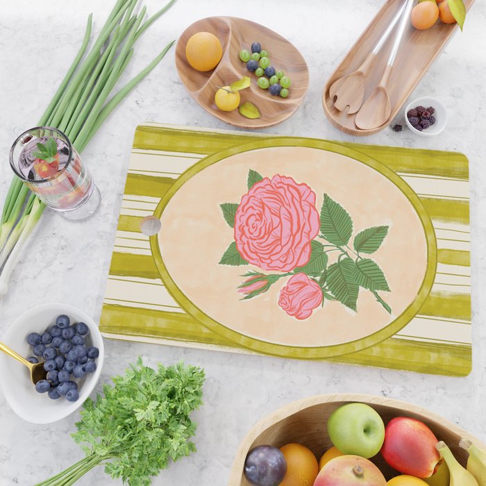 Vintage Rose Illustration with Striped Frame Cutting Board Gallery Image 2