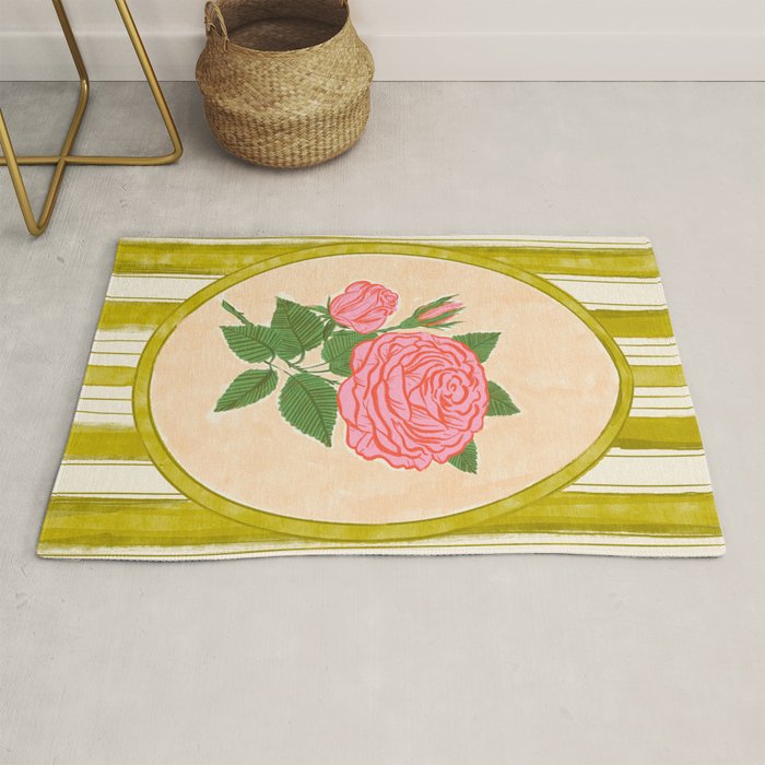 Vintage Rose Illustration with Striped Frame Rug Gallery Image 1