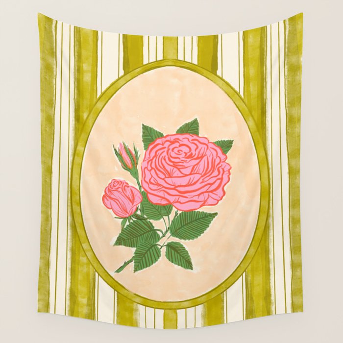 Vintage Rose Illustration with Striped Frame Wall Tapestry Gallery Image 4