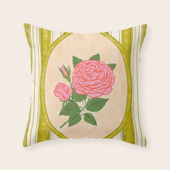 Vintage Rose Illustration with Striped Frame Throw Pillow Gallery Image 5