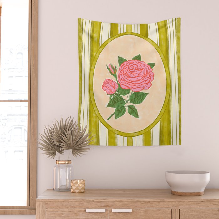 Vintage Rose Illustration with Striped Frame Wall Tapestry Gallery Image 2