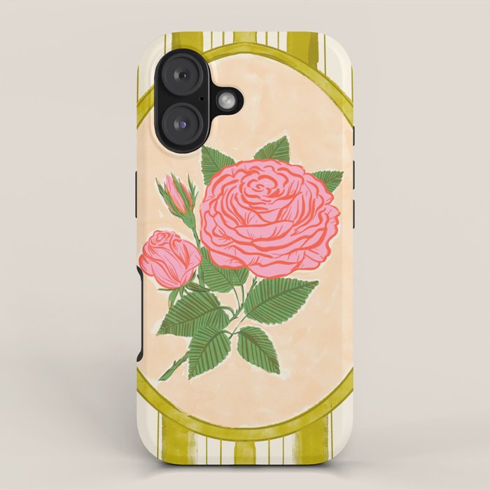 Vintage Rose Illustration with Striped Frame iPhone Case Gallery Image 1
