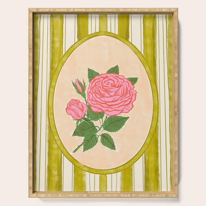 Vintage Rose Illustration with Striped Frame Serving Tray Gallery Image 1