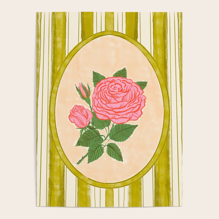Vintage Rose Illustration with Striped Frame Poster Gallery Image 4