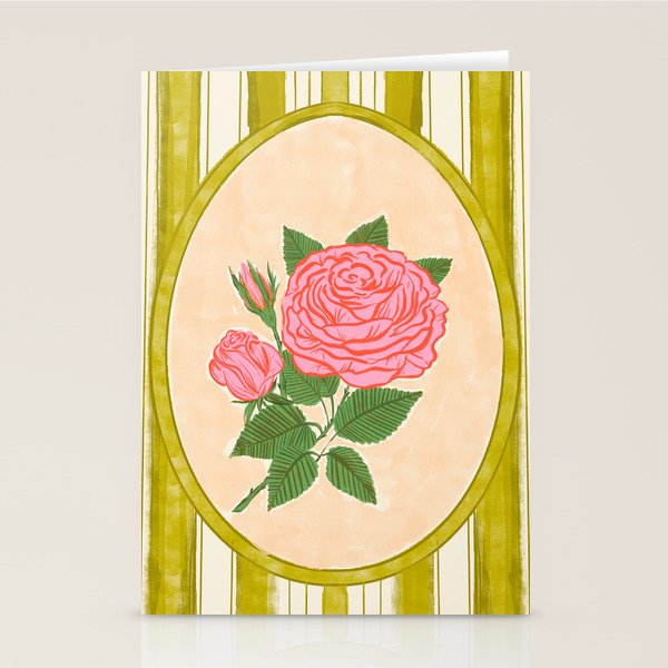 Vintage Rose Illustration with Striped Frame Stationery Card Gallery Image 2