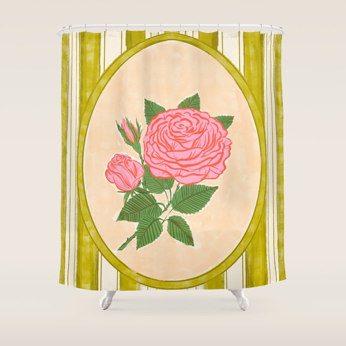 Vintage Rose Illustration with Striped Frame Shower Curtain Gallery Image 1