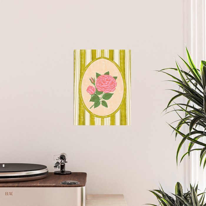 Vintage Rose Illustration with Striped Frame Poster Gallery Image 2