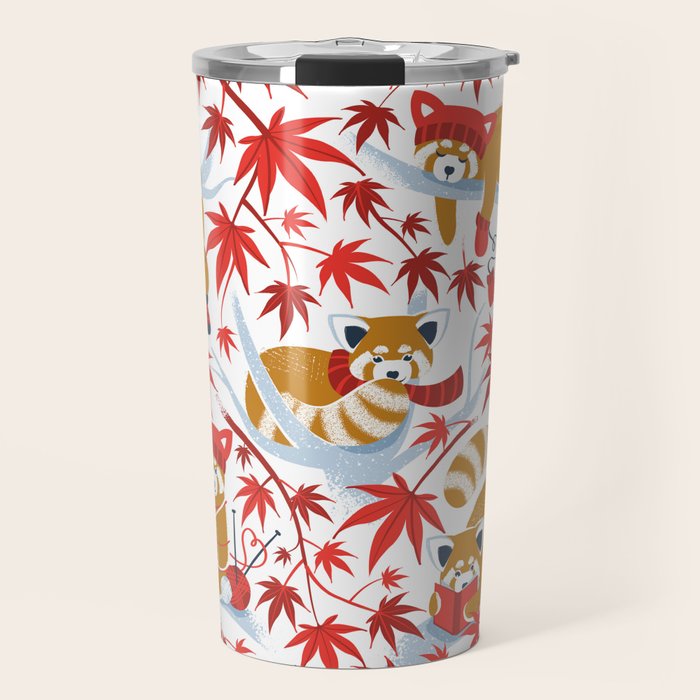Red panda blending with the foliage // white background desert sun brown cozy animals fog blue tree branches red acer leaves Travel Mug Gallery Image 1