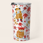 Red panda blending with the foliage // white background desert sun brown cozy animals fog blue tree branches red acer leaves Travel Mug Gallery Image 3