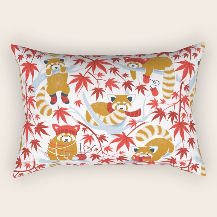 Red panda blending with the foliage // white background desert sun brown cozy animals fog blue tree branches red acer leaves Rectangular Pillow Gallery Image 1