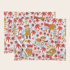 Red panda blending with the foliage // white background desert sun brown cozy animals fog blue tree branches red acer leaves Placemat Gallery Image 1
