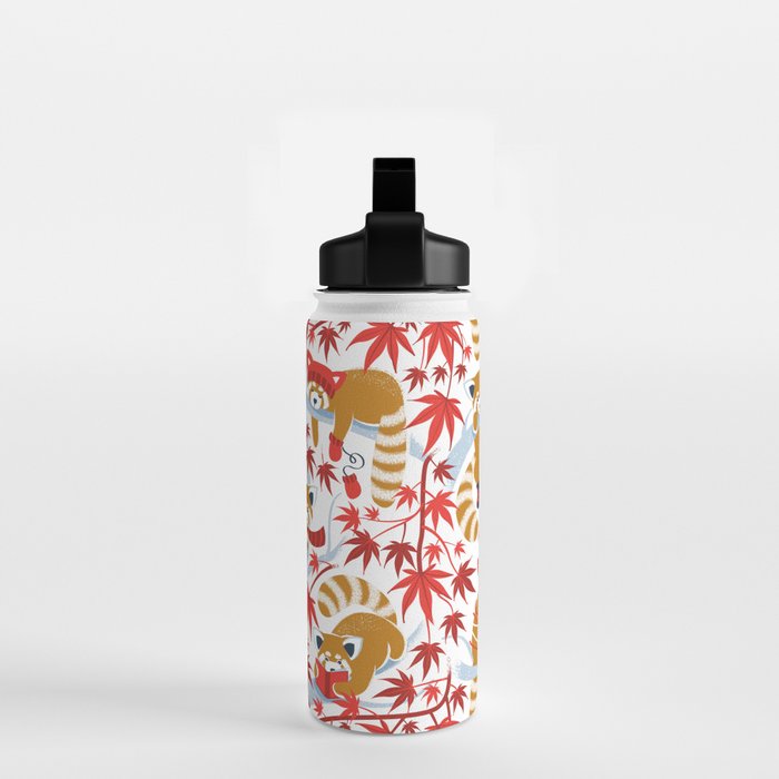 Red panda blending with the foliage // white background desert sun brown cozy animals fog blue tree branches red acer leaves Water Bottle Gallery Image 2