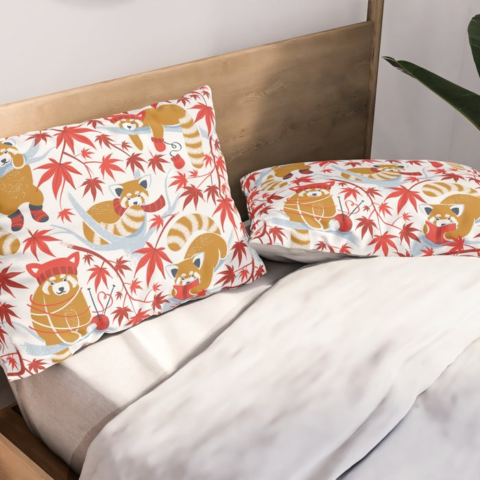 Red panda blending with the foliage // white background desert sun brown cozy animals fog blue tree branches red acer leaves Pillow Sham Gallery Image 2